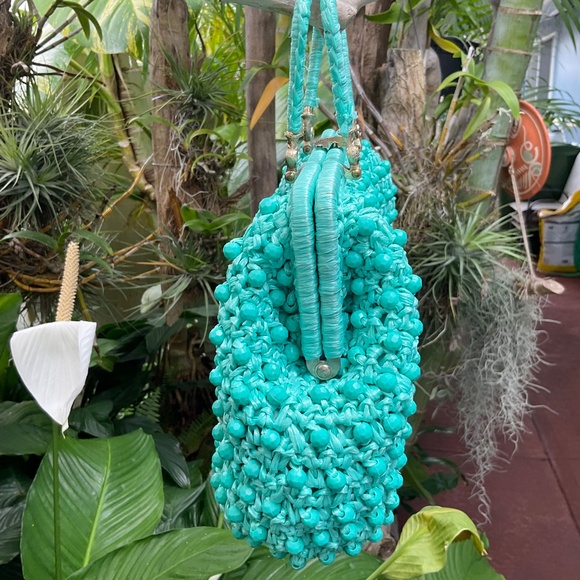 VTG Dayne Taylor Teal Colored Beaded Straw Purse From 60’s - Picture 3 of 6
